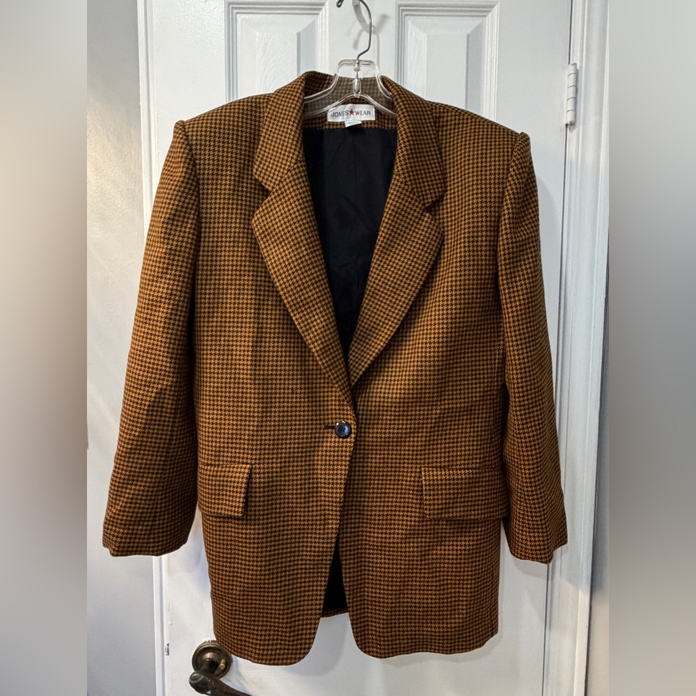 VINTAGE Jones Wear Wool Houndstooth Blazer in Brown and Black